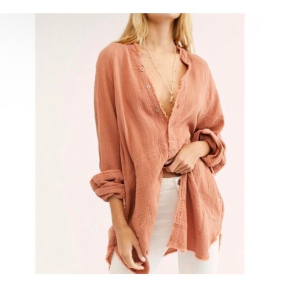 Free People We The Free Summer Daydream Tunic Buttondown Shirt Rusty Pink Sz S - Picture 1 of 16